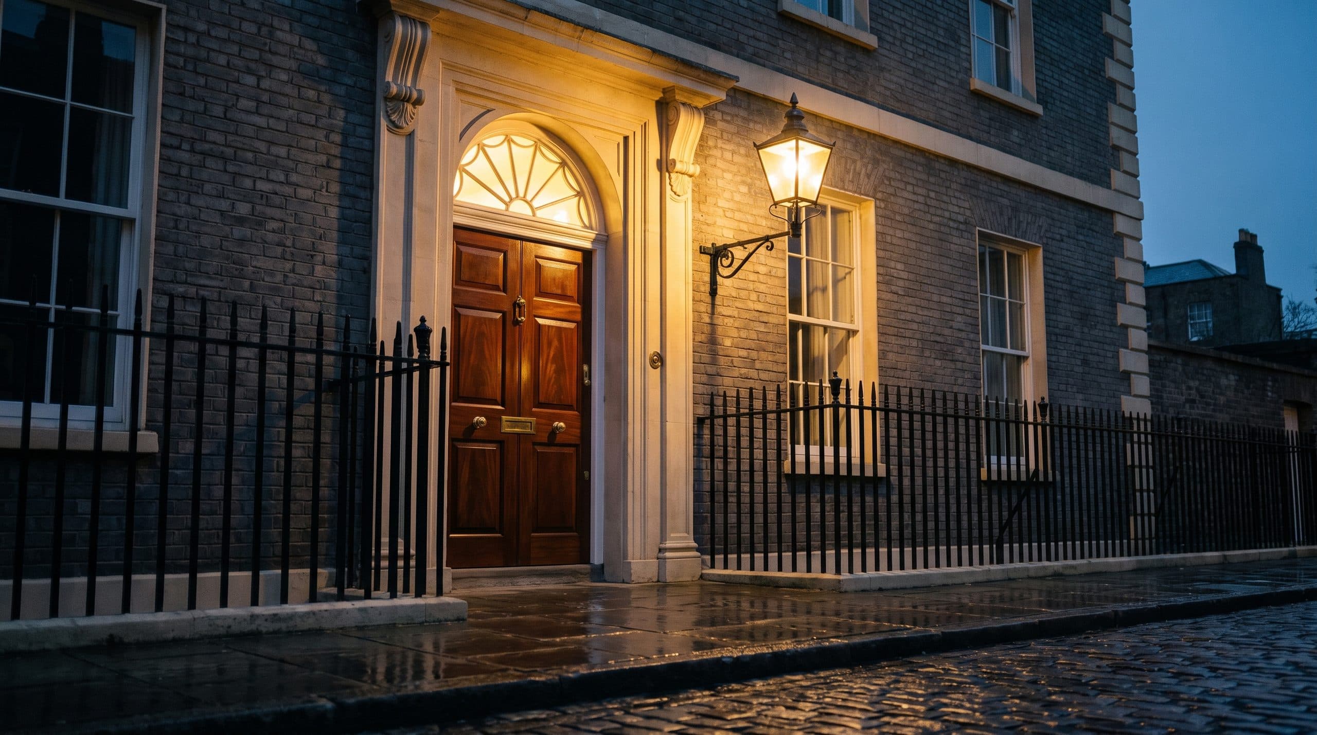The lantern-lit front door of an elegant townhouse at dusk