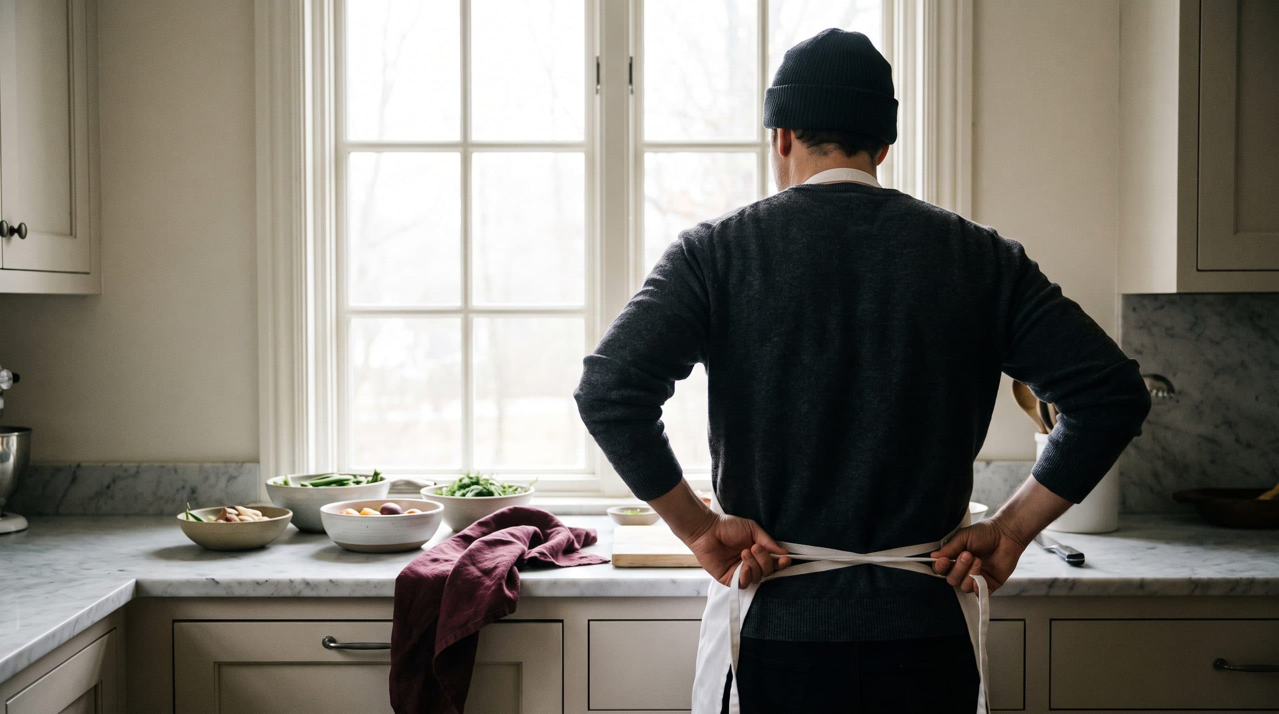 A private chef tying a white apron in a calm residential kitchen, ready for the day's work