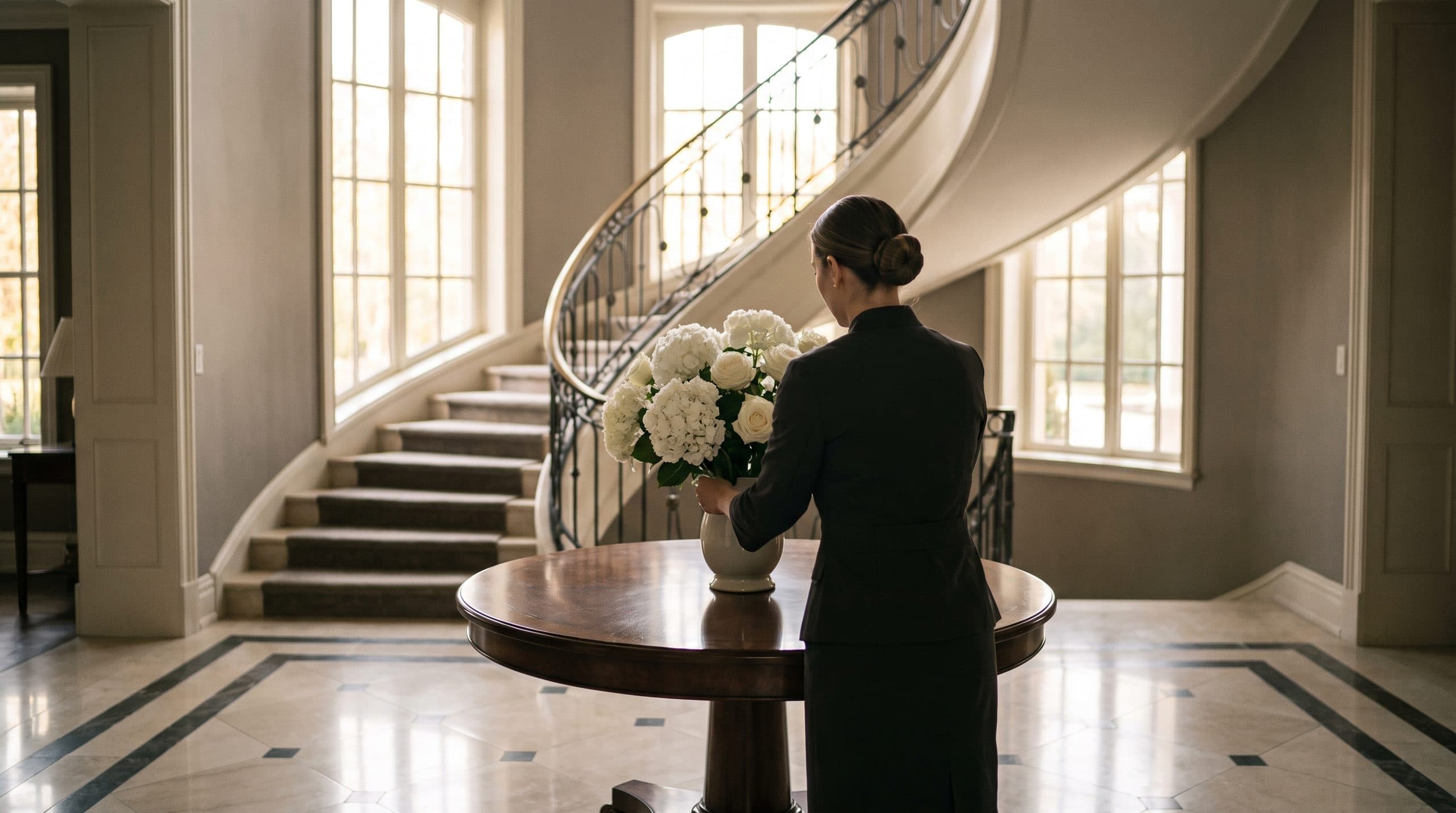 A housekeeper arranging white flowers in the entrance hall of an elegant private residence