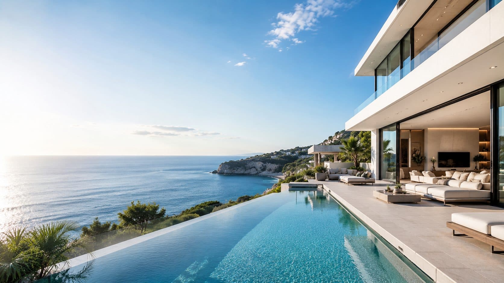 A contemporary clifftop villa above the sea, its infinity pool running alongside an open living room