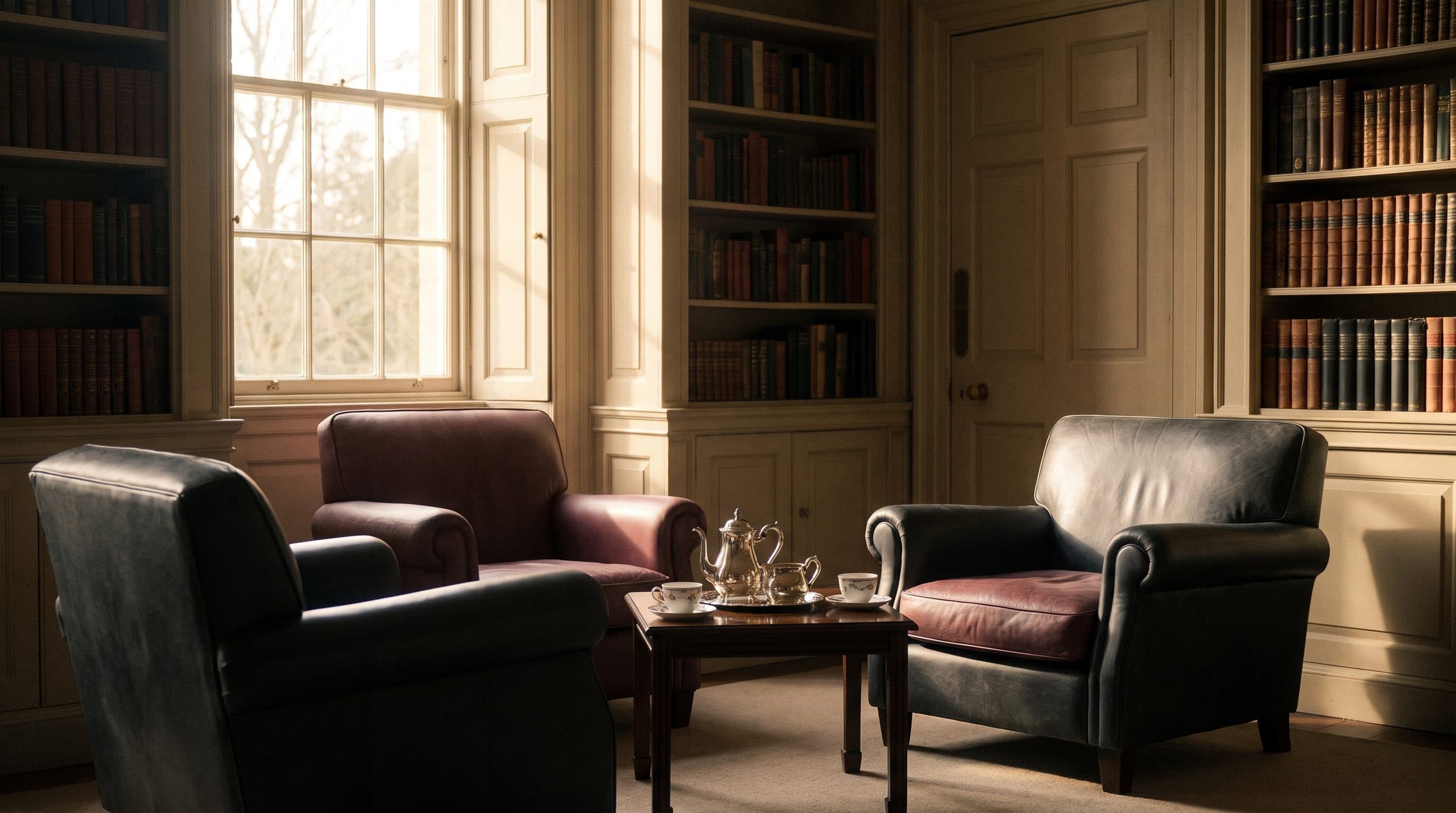 Two leather armchairs facing each other beside a window in a wood-panelled study, tea served for two