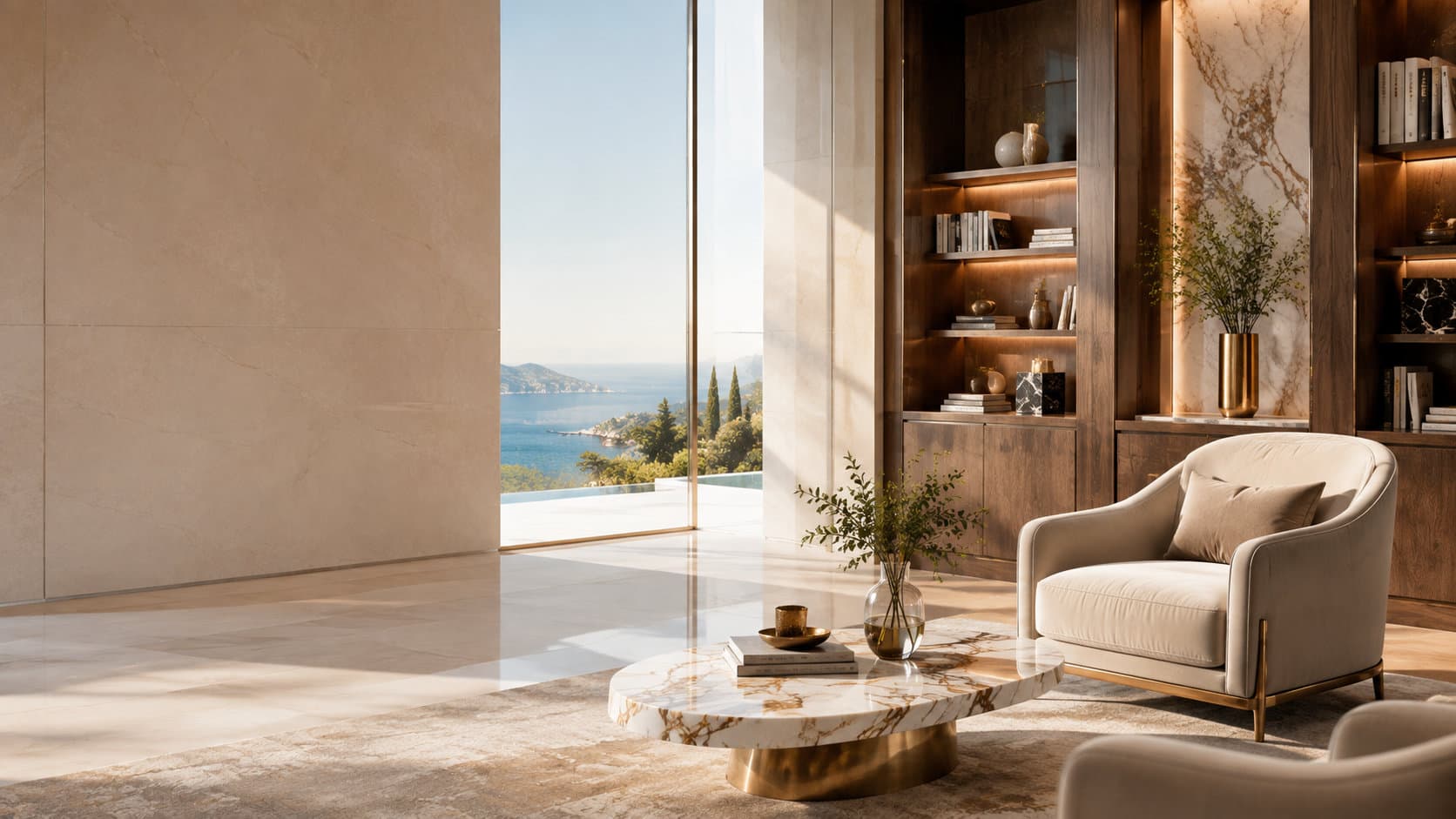 A sunlit sitting room in a coastal residence, a marble table and armchair beside floor-to-ceiling glass
