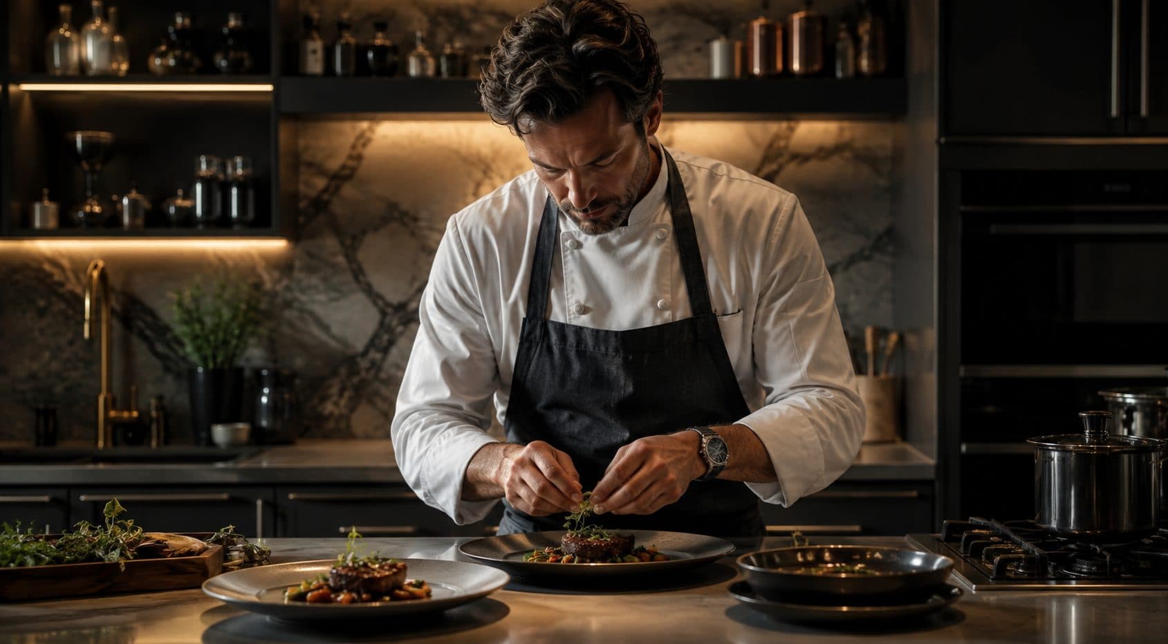 A private chef finishing a plate with herbs in a dark marble kitchen, further plates waiting on the counter
