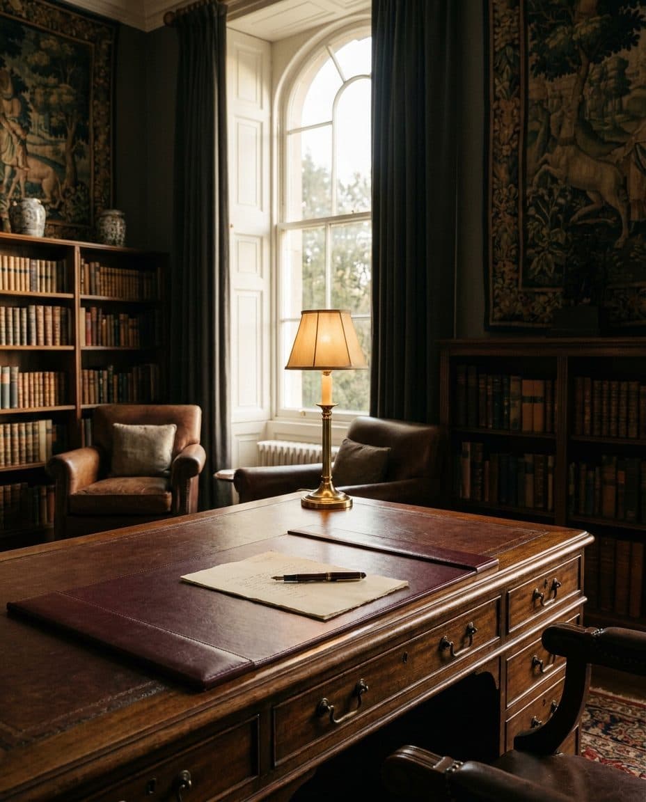 A writing desk by a tall window, a fountain pen resting on letter paper