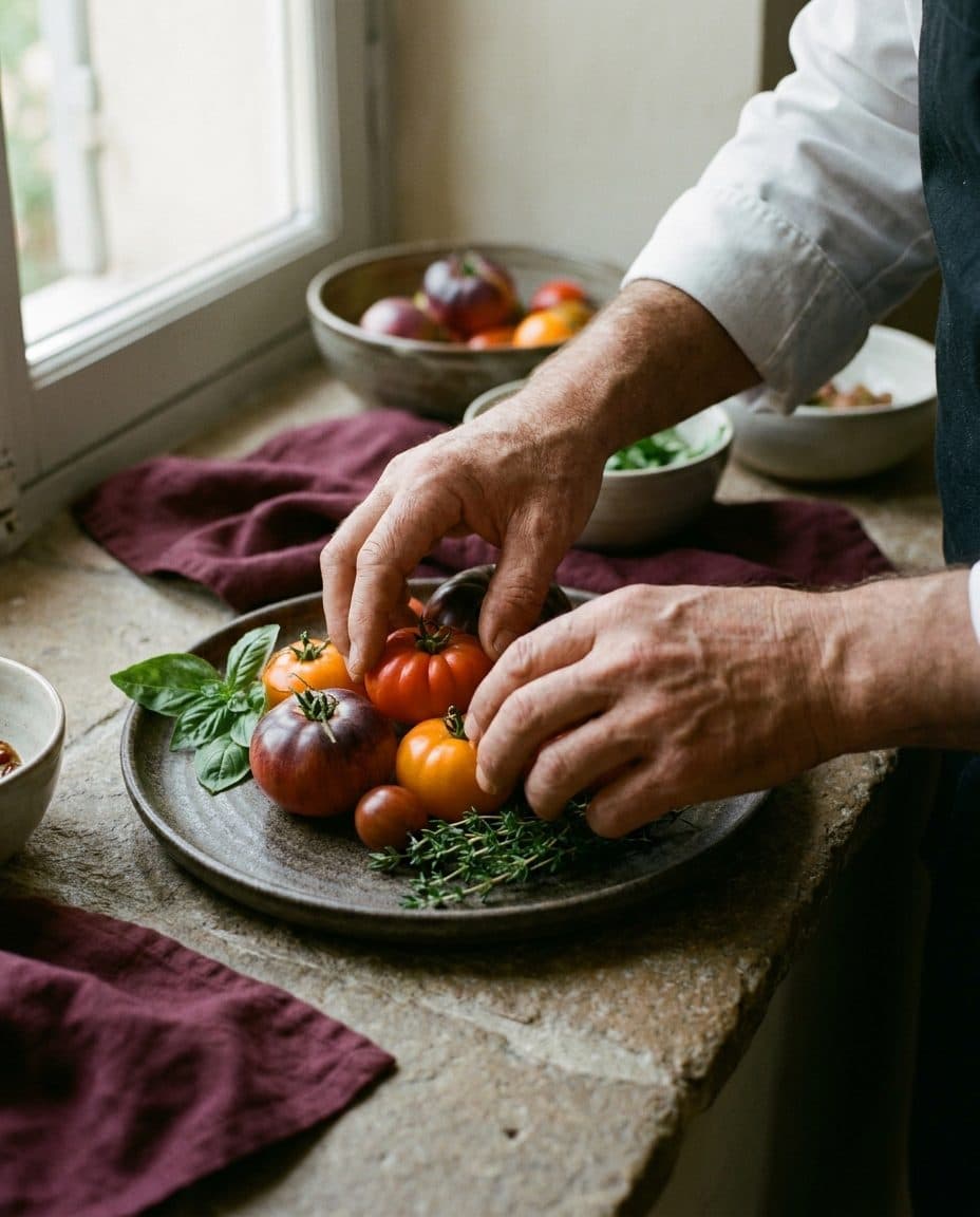 A chef's hands arranging seasonal ingredients on a ceramic plate