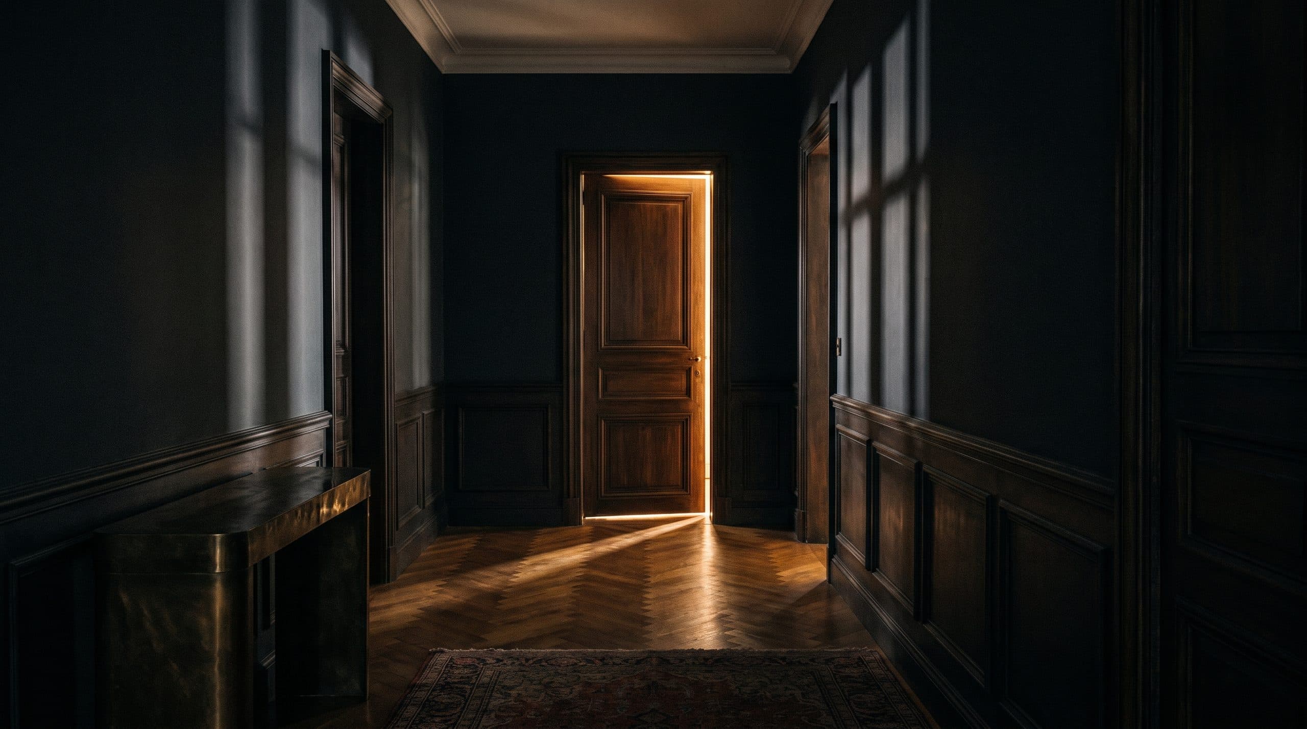 A dark residential hallway with warm light through a door left ajar