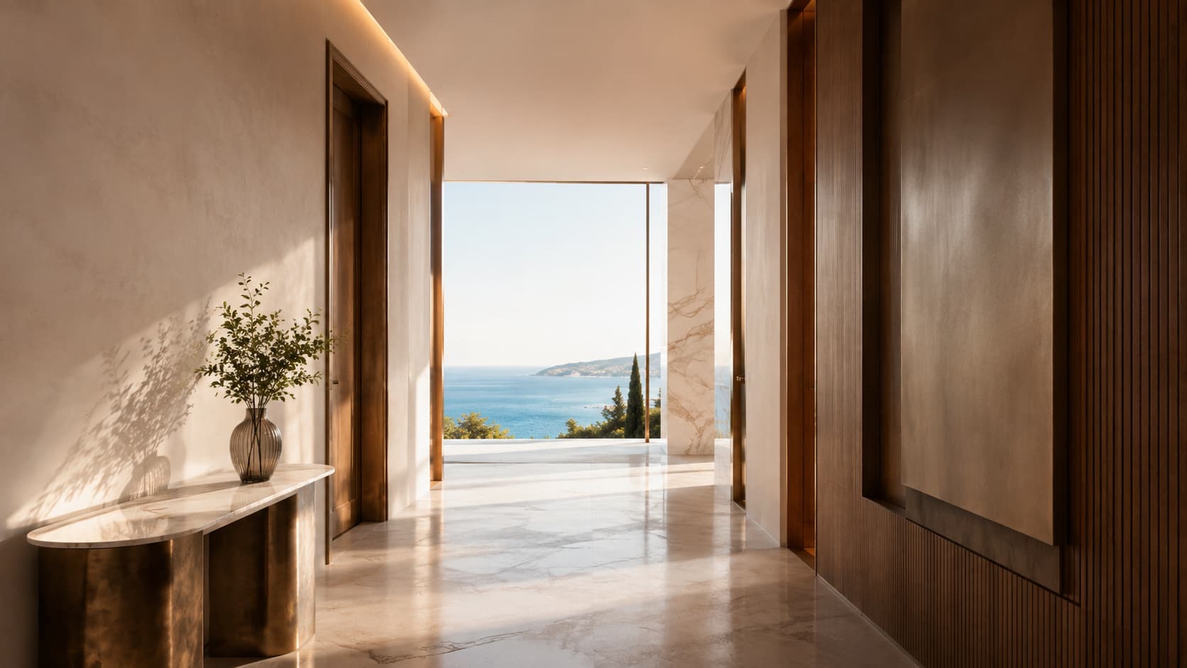 A quiet marble hallway in a coastal residence, closed doors along one side and the sea beyond