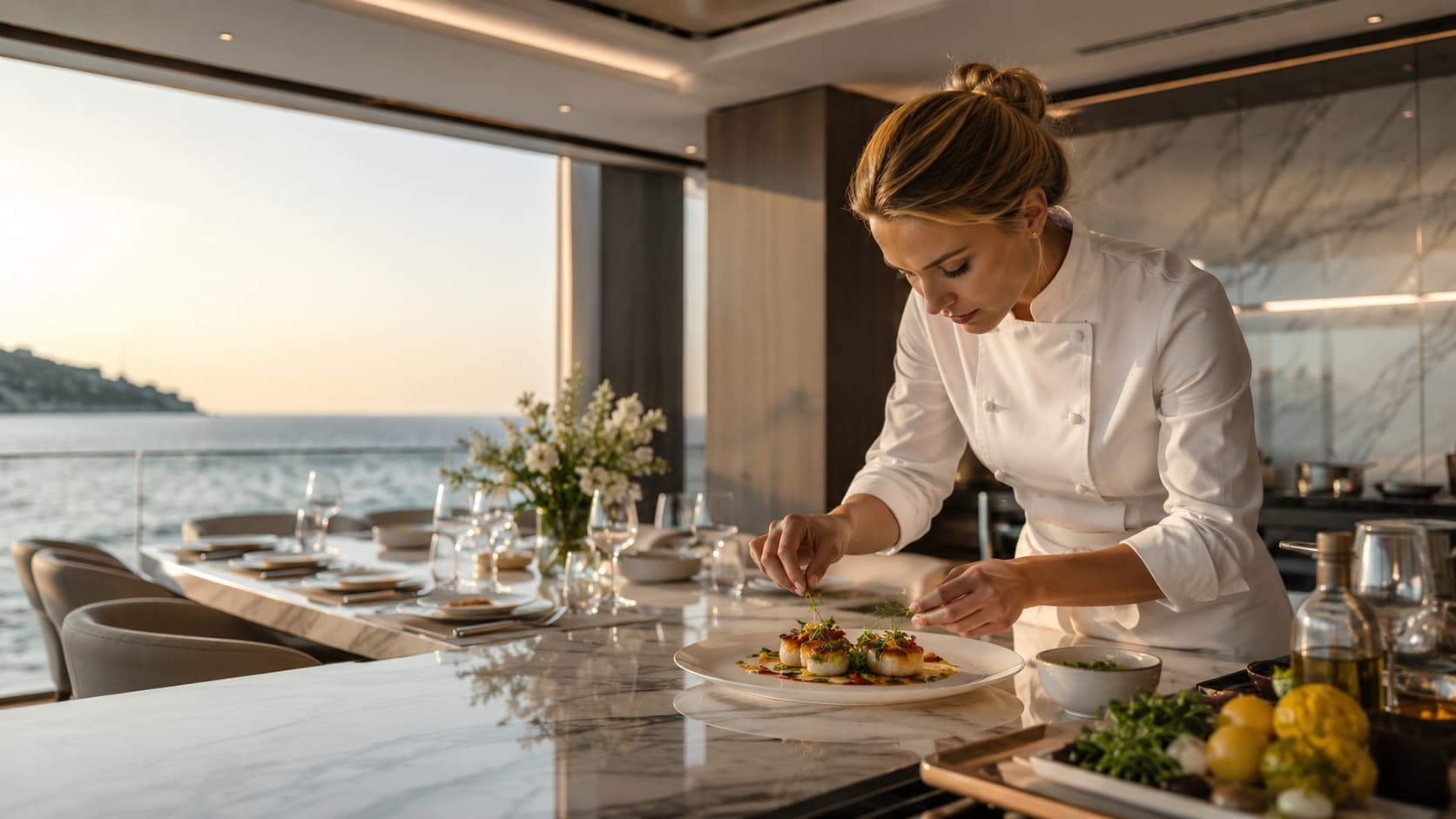 A chef finishing a plate of scallops with micro herbs in a marble kitchen overlooking the sea at dusk
