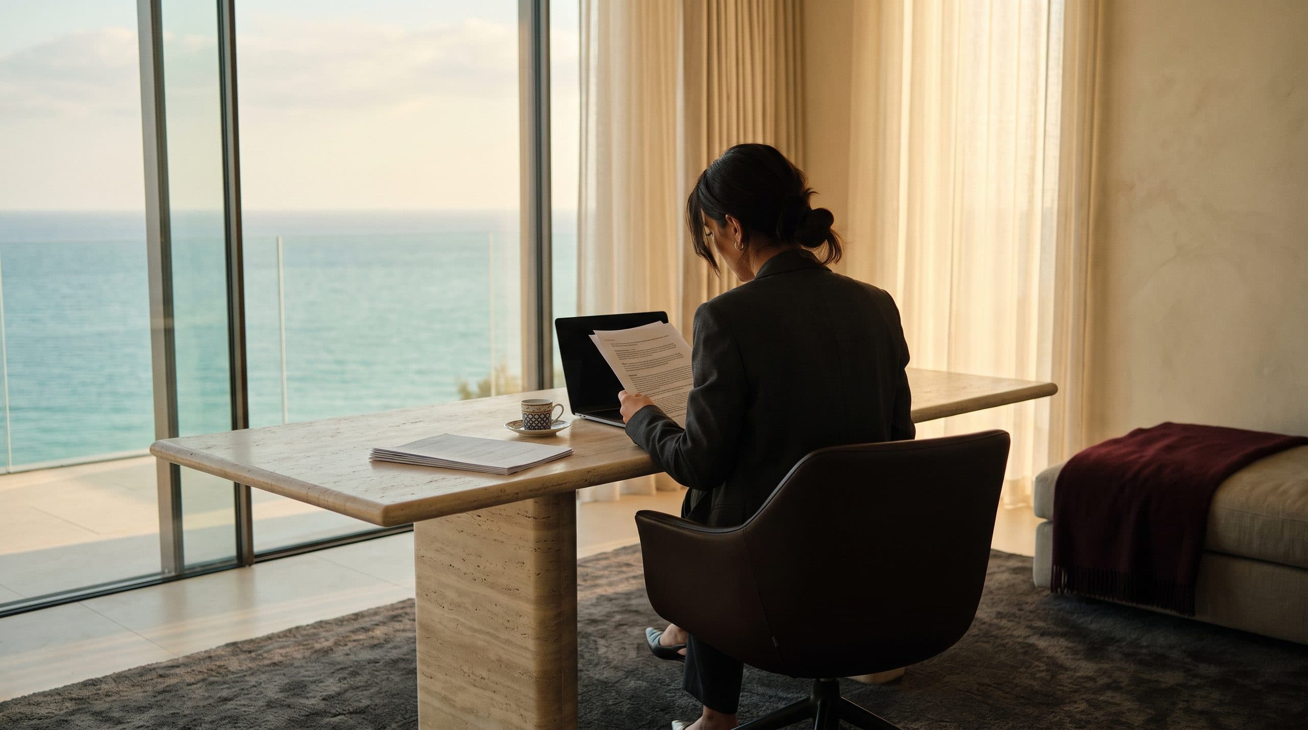 A professional reviewing notes at a travertine desk in a modern villa study overlooking the sea