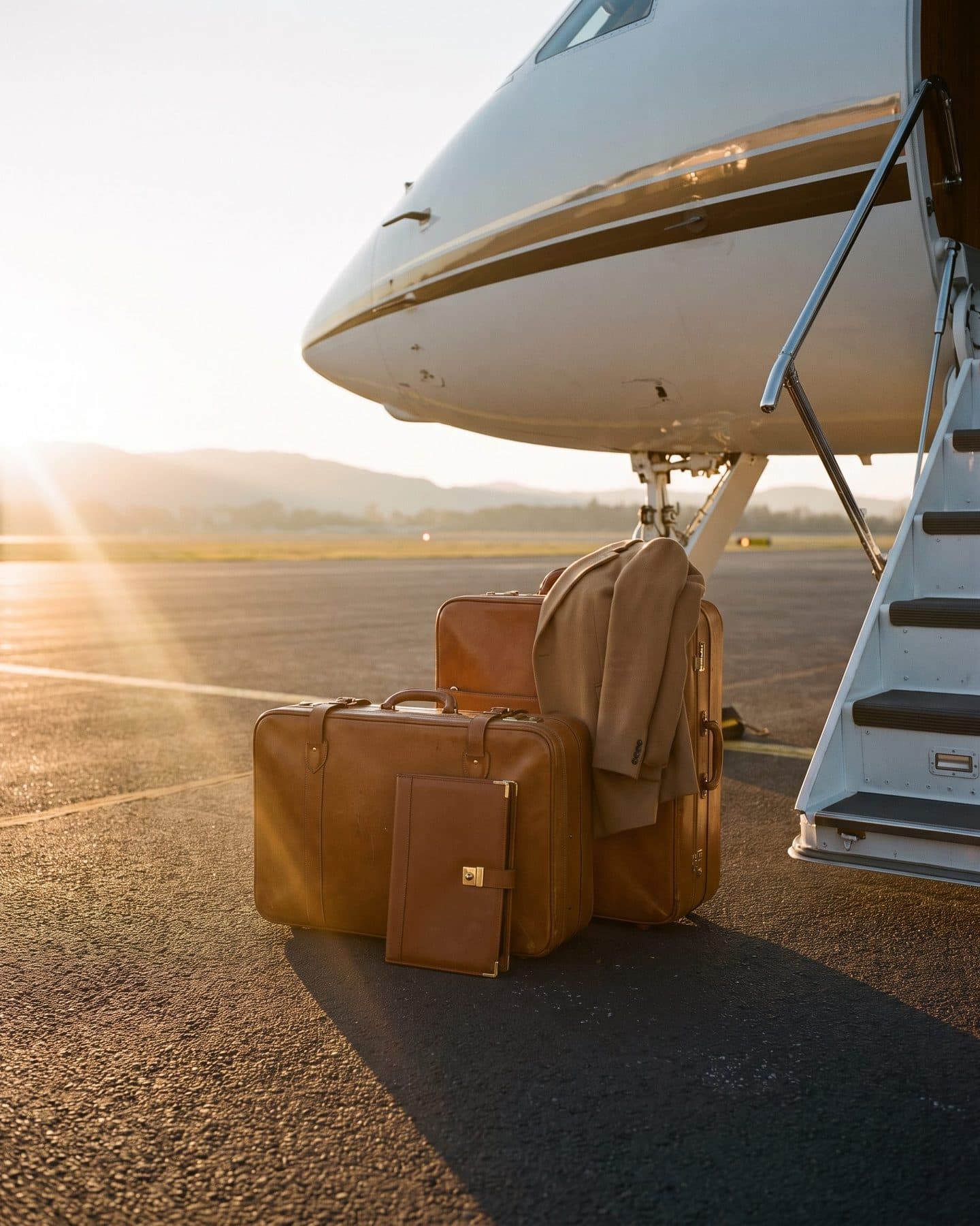 Leather cases and a folded coat on the tarmac beside the airstair of a private jet at dawn