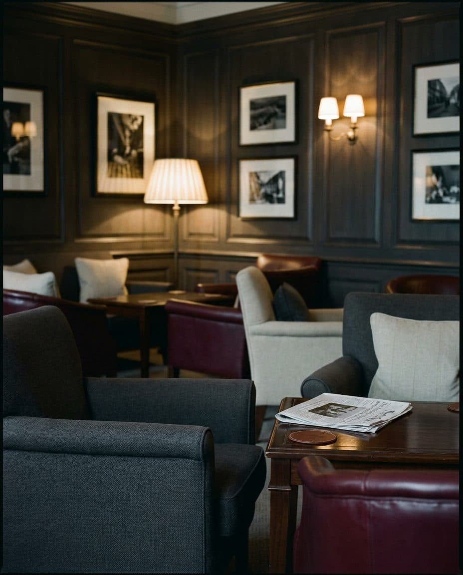 The panelled lounge of a private club, leather armchairs and a newspaper left on a side table