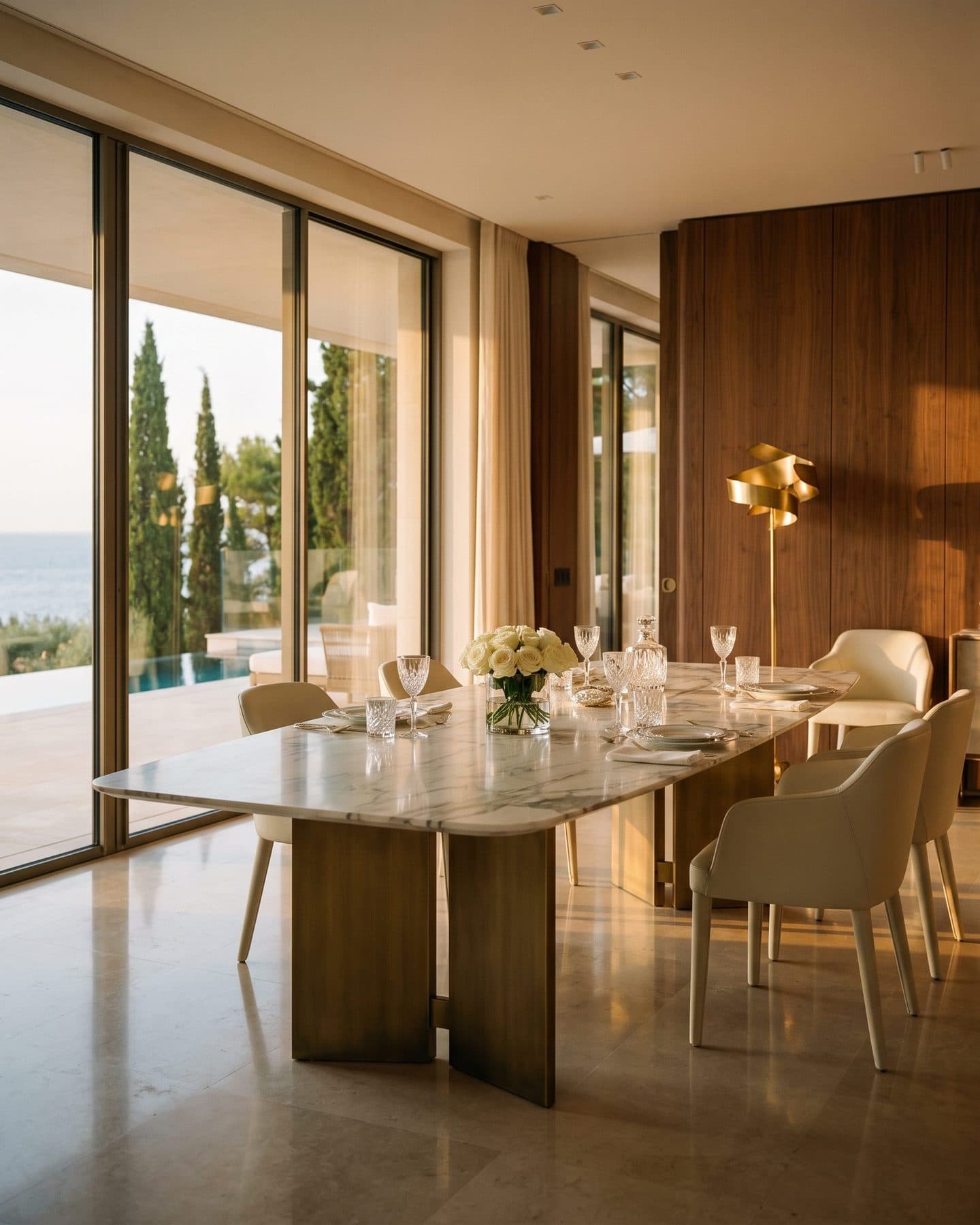 The dining room of a coastal private residence, a marble table laid and the sea beyond the glass