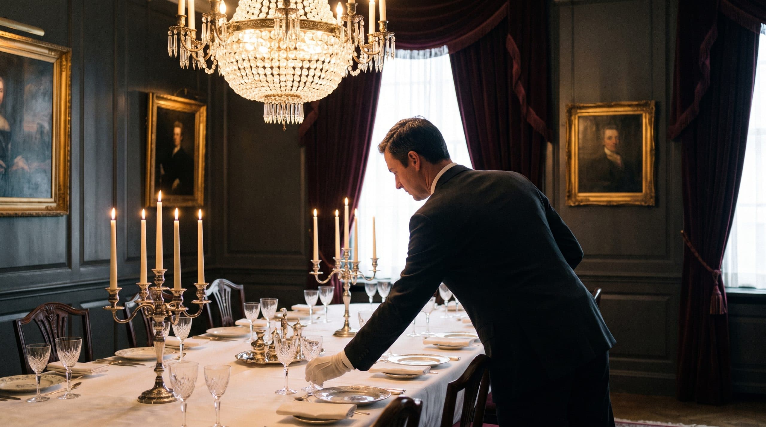White-gloved hands carrying a silver tea tray along the corridor of a private residence