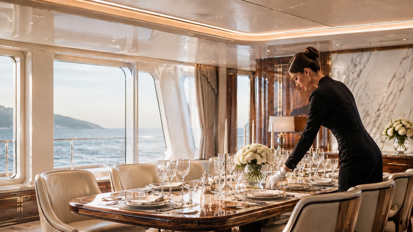 A stewardess in white gloves laying a dining table aboard a superyacht, the sea visible through the windows behind her