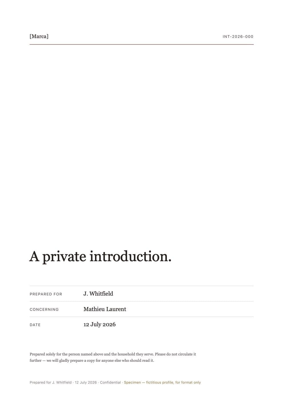 Cover of a specimen private introduction dossier