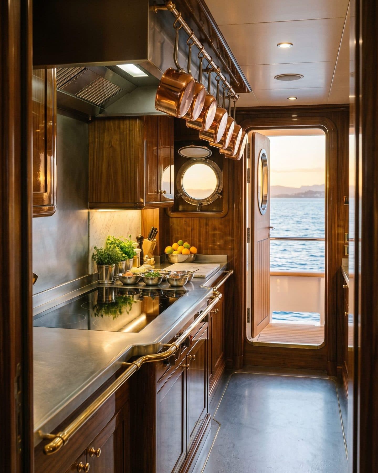 The galley of a superyacht, copper pans above a steel counter and the sea through the open door
