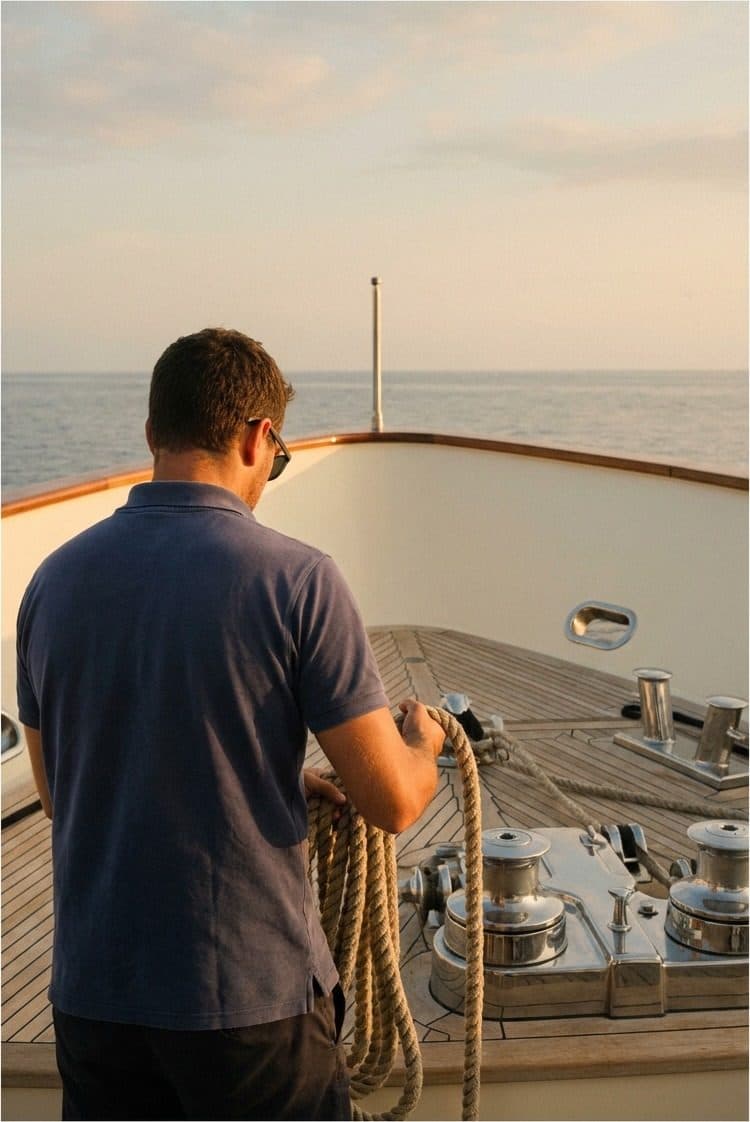 A deckhand coiling lines on the teak foredeck of a superyacht at golden hour