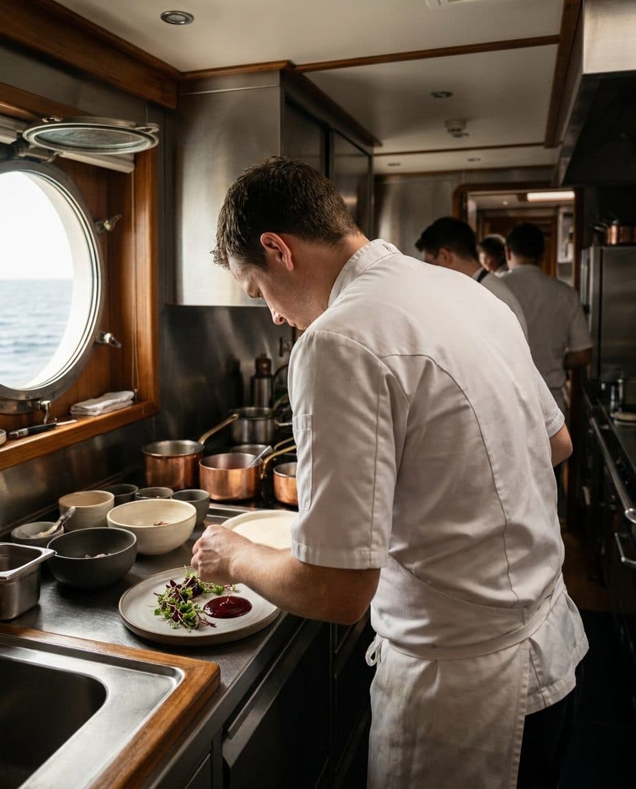 A chef plating a dish in the galley of a superyacht, sea visible through the porthole